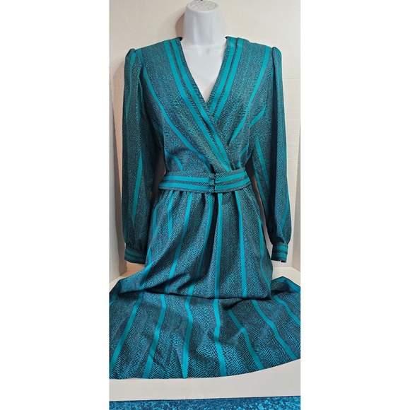 Vintage 80's Raoul Chevron Print Dress Teal Blue Long Sleeve Career Party SZ 10‎ - Picture 1 of 13